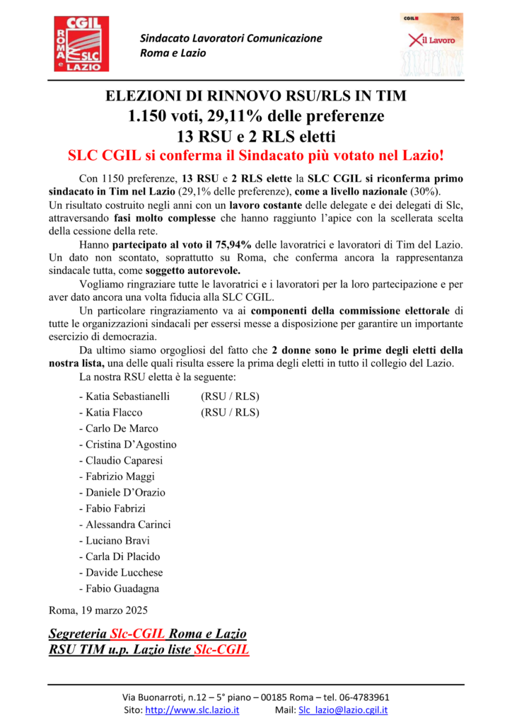 ELEZIONI RINNOVO RSU RLS IN TIM_SLC PRIMO SINDACATO