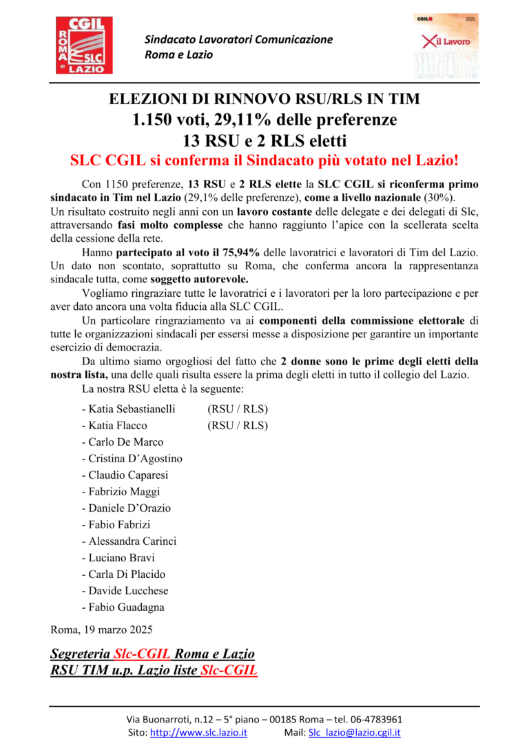 ELEZIONI RINNOVO RSU RLS IN TIM_SLC PRIMO SINDACATO